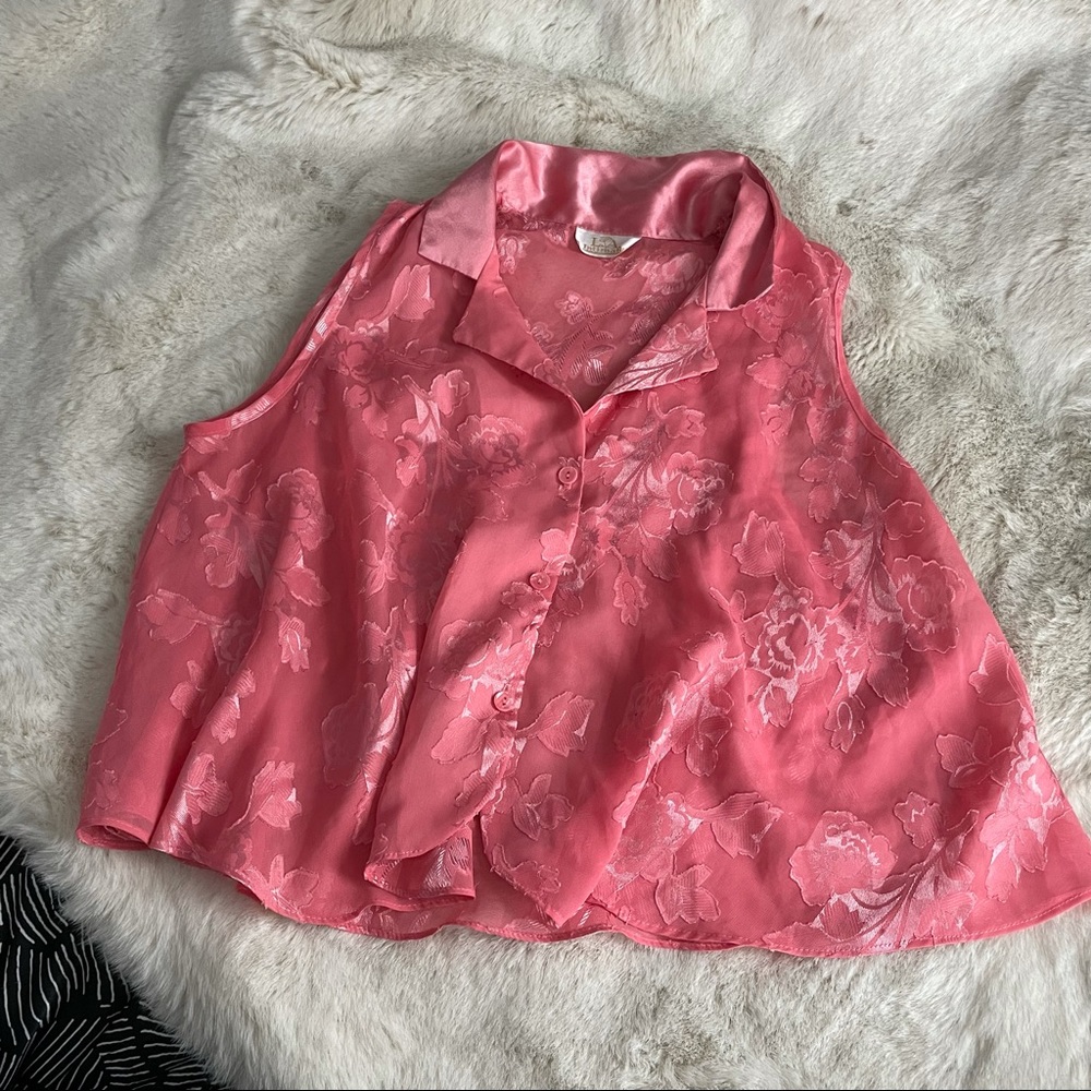 Vintage 80s Pajama Semi Sheer Floral Satin Jacquard  Babydoll Top